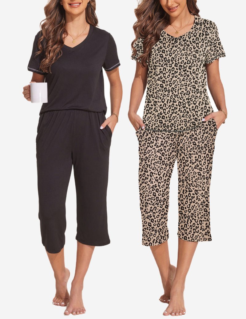 Two-piece pajama set: black solid top with capri pants and leopard print matching set