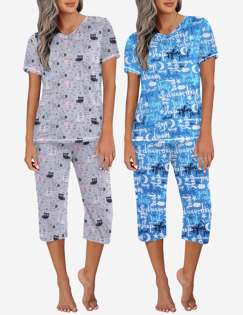 2-pack pajama set, light gray printed top with capri pants and blue text top