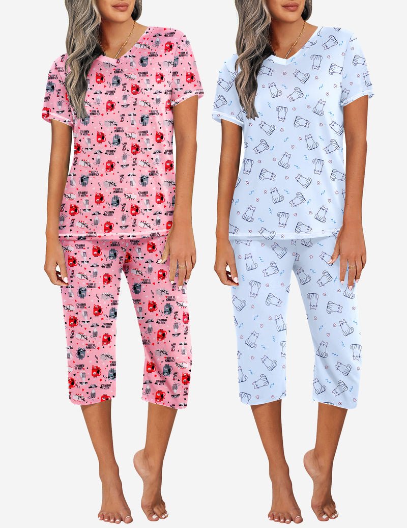 Pajama set, pink printed short-sleeve top with capri pants and light blue set