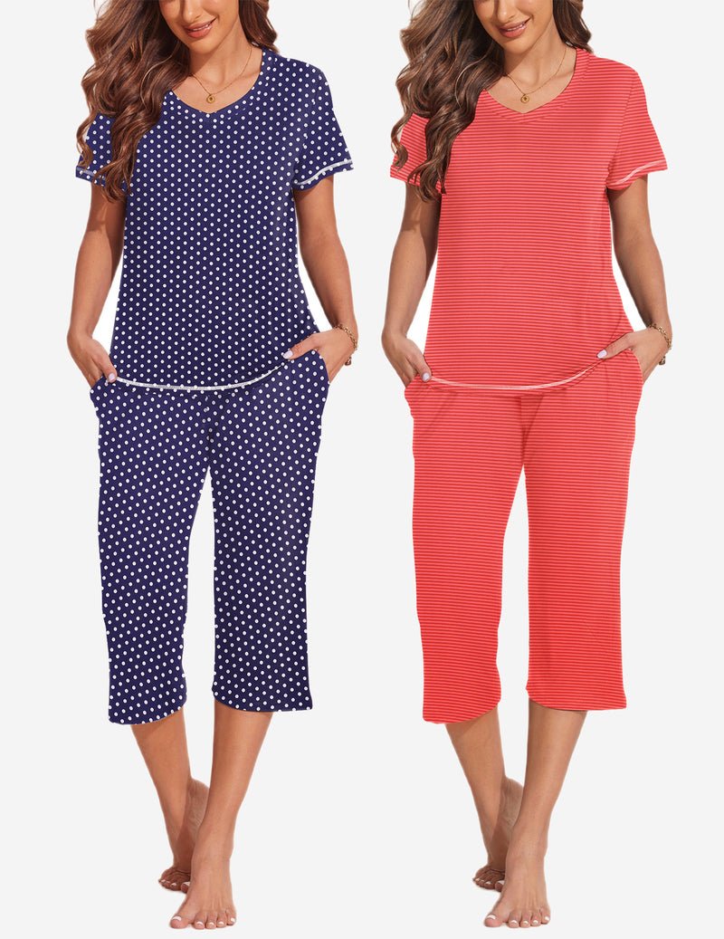 2-pack pajama set, navy polka-dot top with capri pants and coral striped top