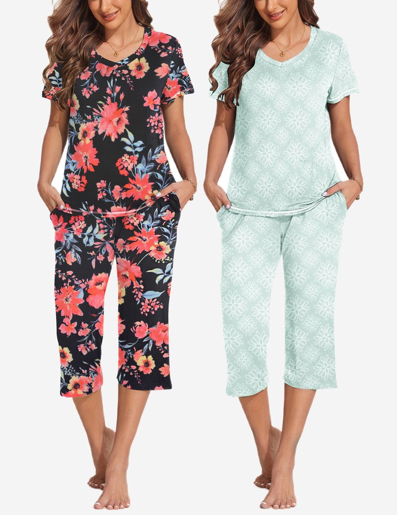 2-pack pajama sets with floral top and capri pants; mint set with light leaf pattern capris