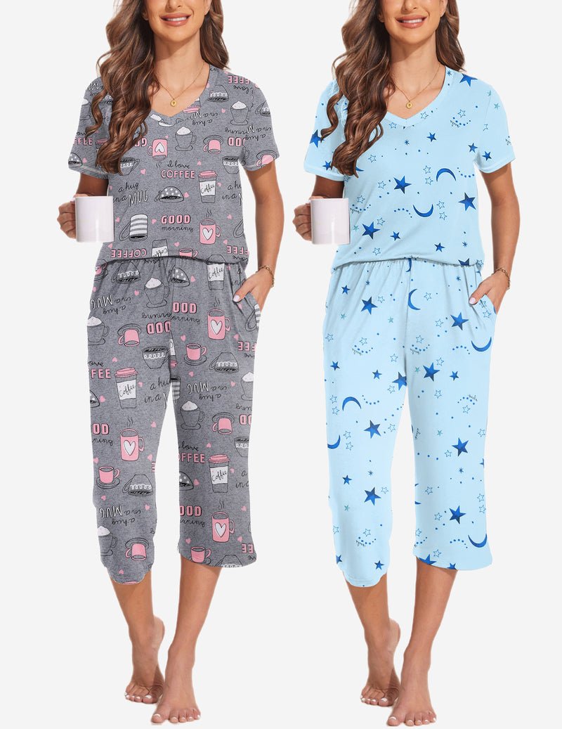 2-pack pajama set, gray graphic top with capri pants and light blue star top