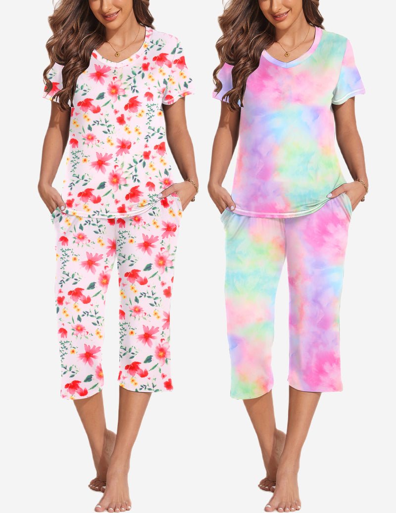 Women's 2-pack pajama sets: floral short-sleeve top with capri pants and pastel tie-dye
