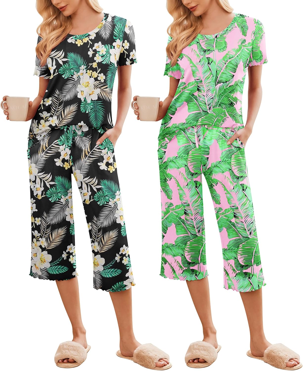 Black short-sleeve pajama set with tropical leaf print and cropped pants