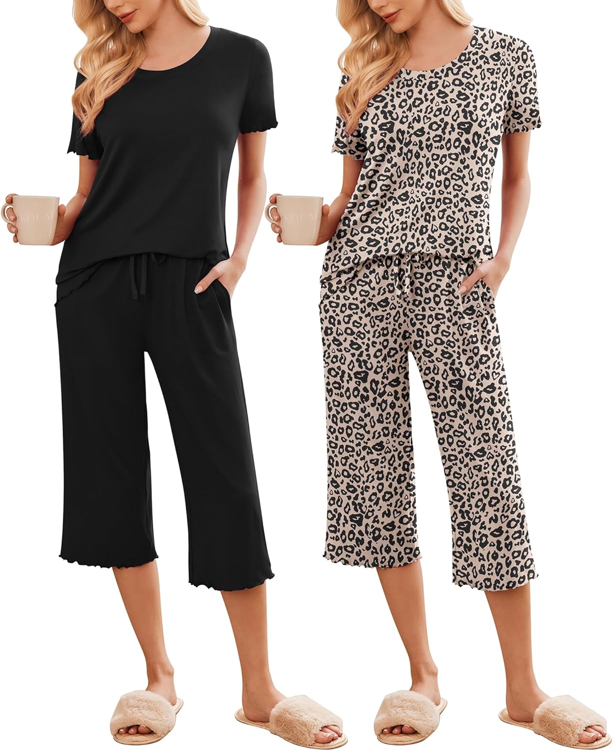 Two-piece pajama set: black short-sleeve top with capri pants; leopard print set