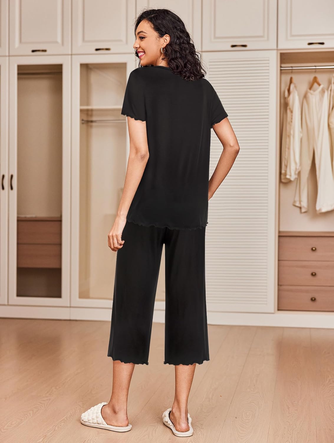 Women’s short-sleeve pajama set, black solid top and cropped wide-leg capri pants