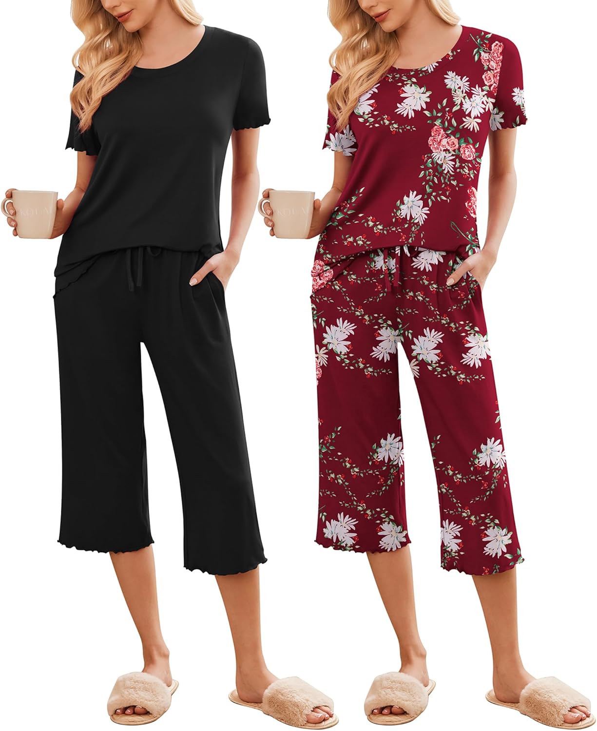 2-pack pajama sets: black solid and burgundy with white snowflake print, cropped capris