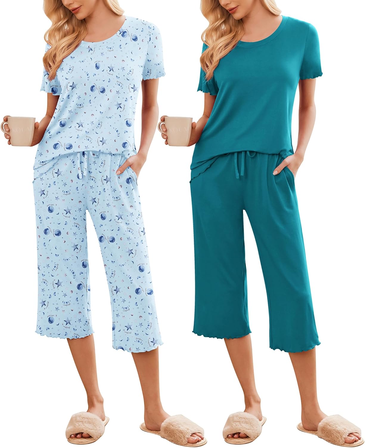 2-pack short-sleeve pajama sets with pockets, light-blue print and teal solid capris