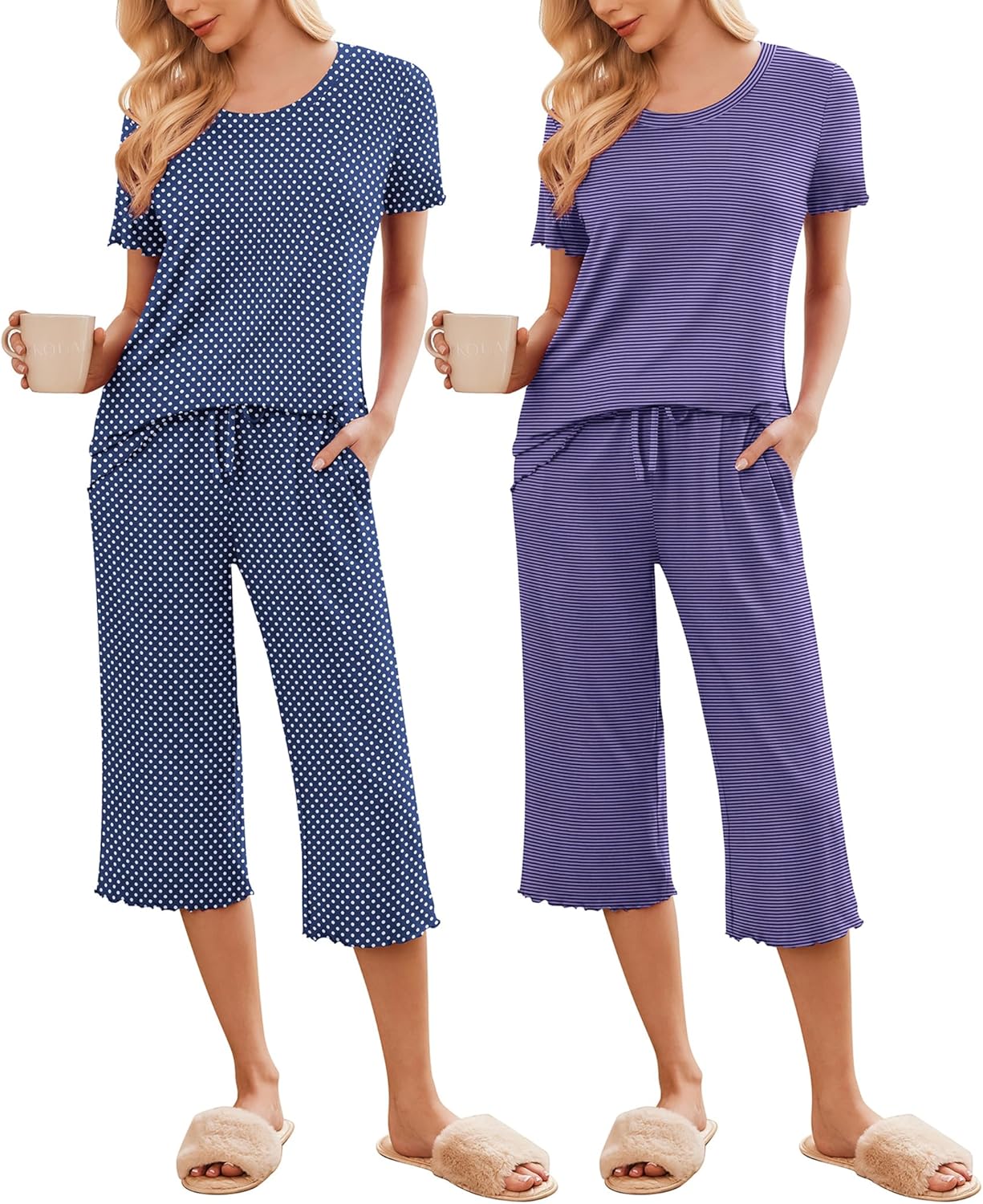 Blue short-sleeve pajama top and cropped pants set with white dot pattern