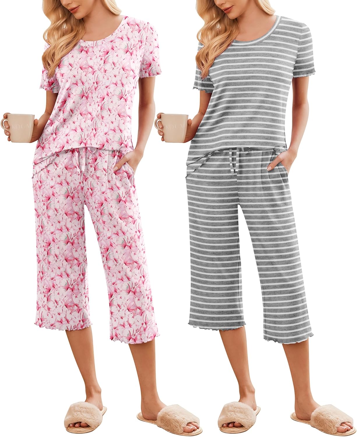 Two-piece pajama set: pink floral short-sleeve top with capri pants; gray striped set