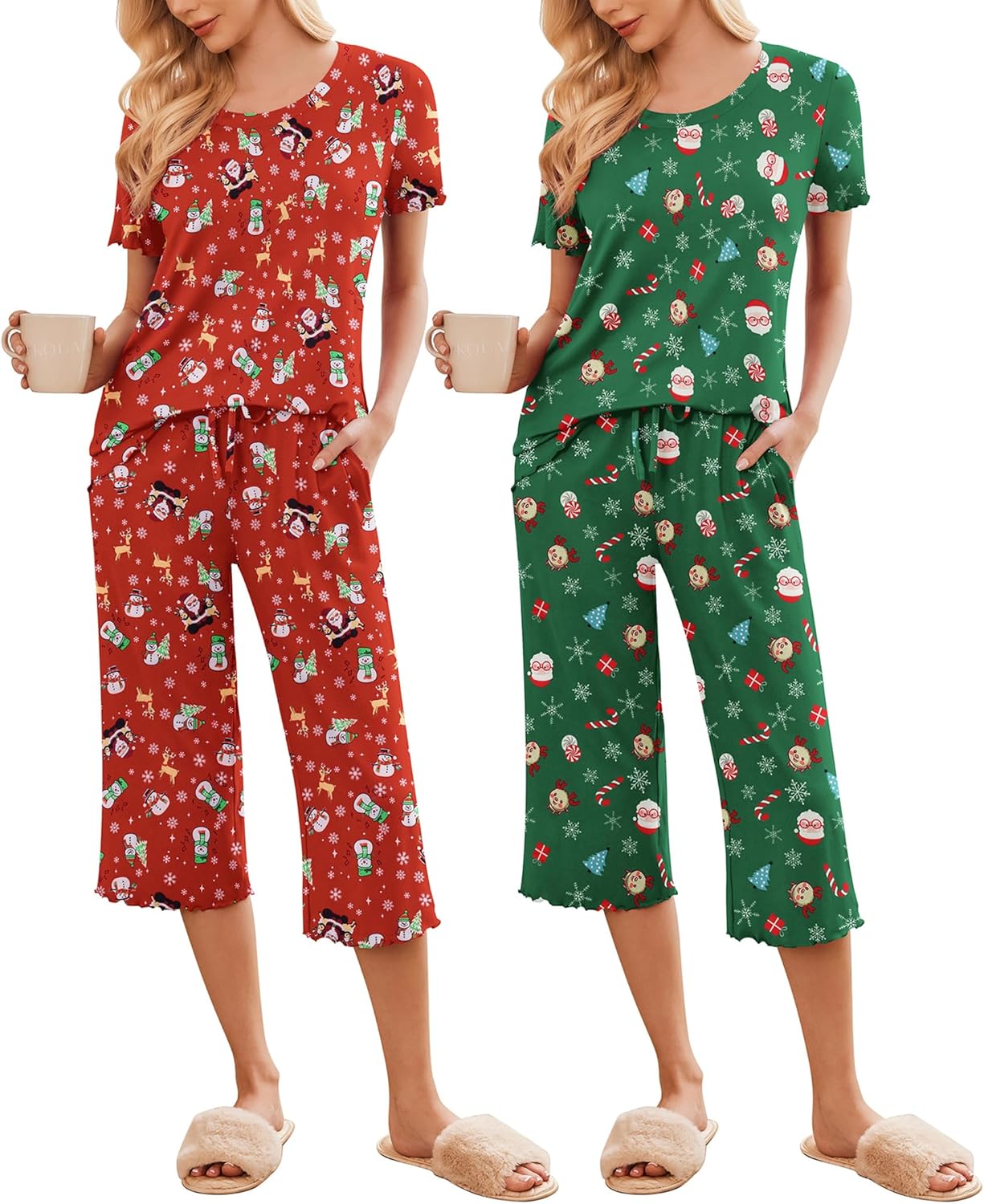 Zweier-Set Schlafanzug: Rot/Weihnachtsmotive & Grün/Weihnachtsmotive, kurzärmlig, Taschen, 3/4-Hose