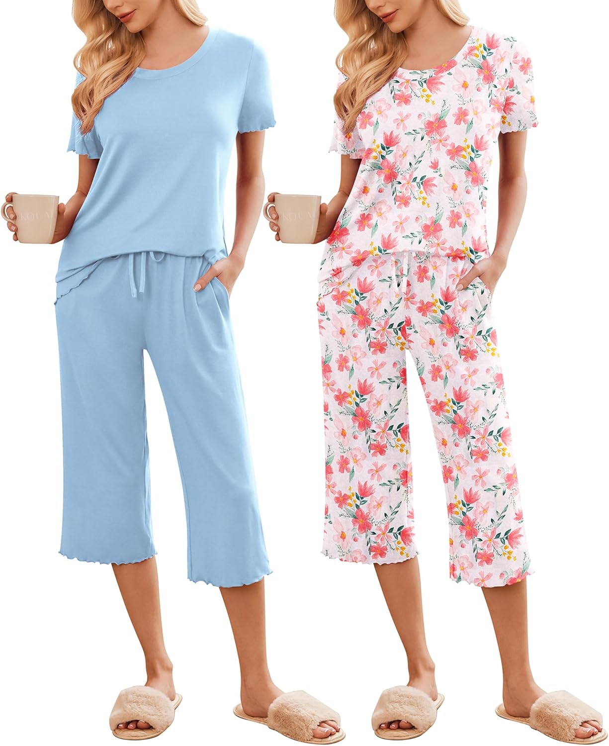 Two-piece pajama set: light blue short-sleeve top with drawstring capri pants; floral set