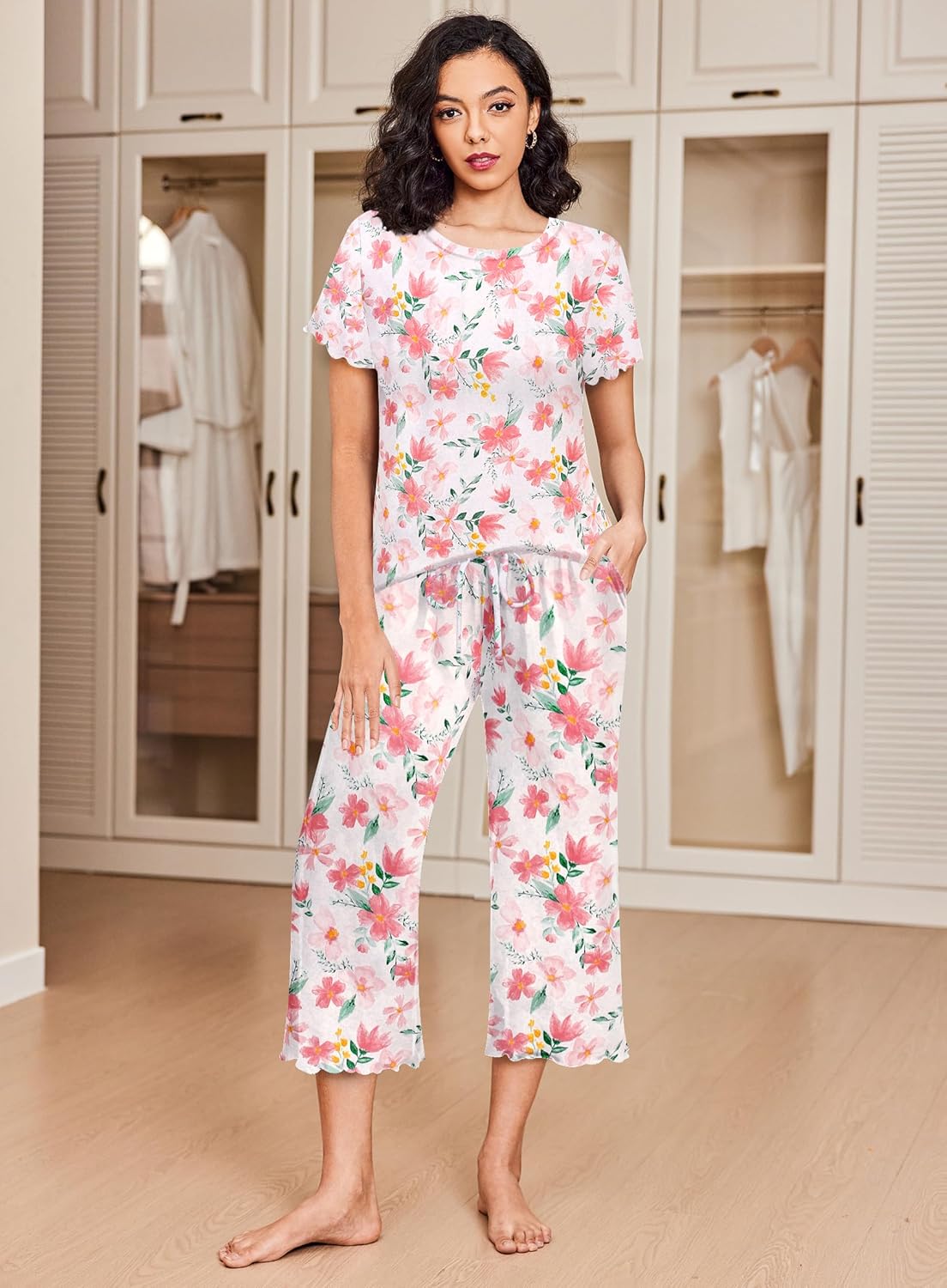 Floral short-sleeve pajama set with matching cropped wide-leg pants