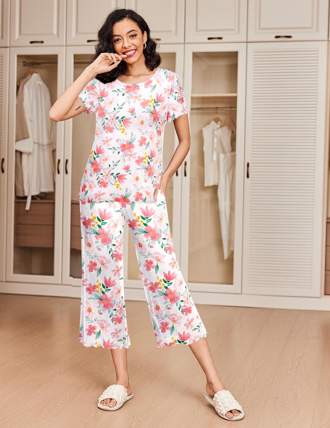Pink floral short-sleeve lounge pajama set with matching cropped wide-leg pants