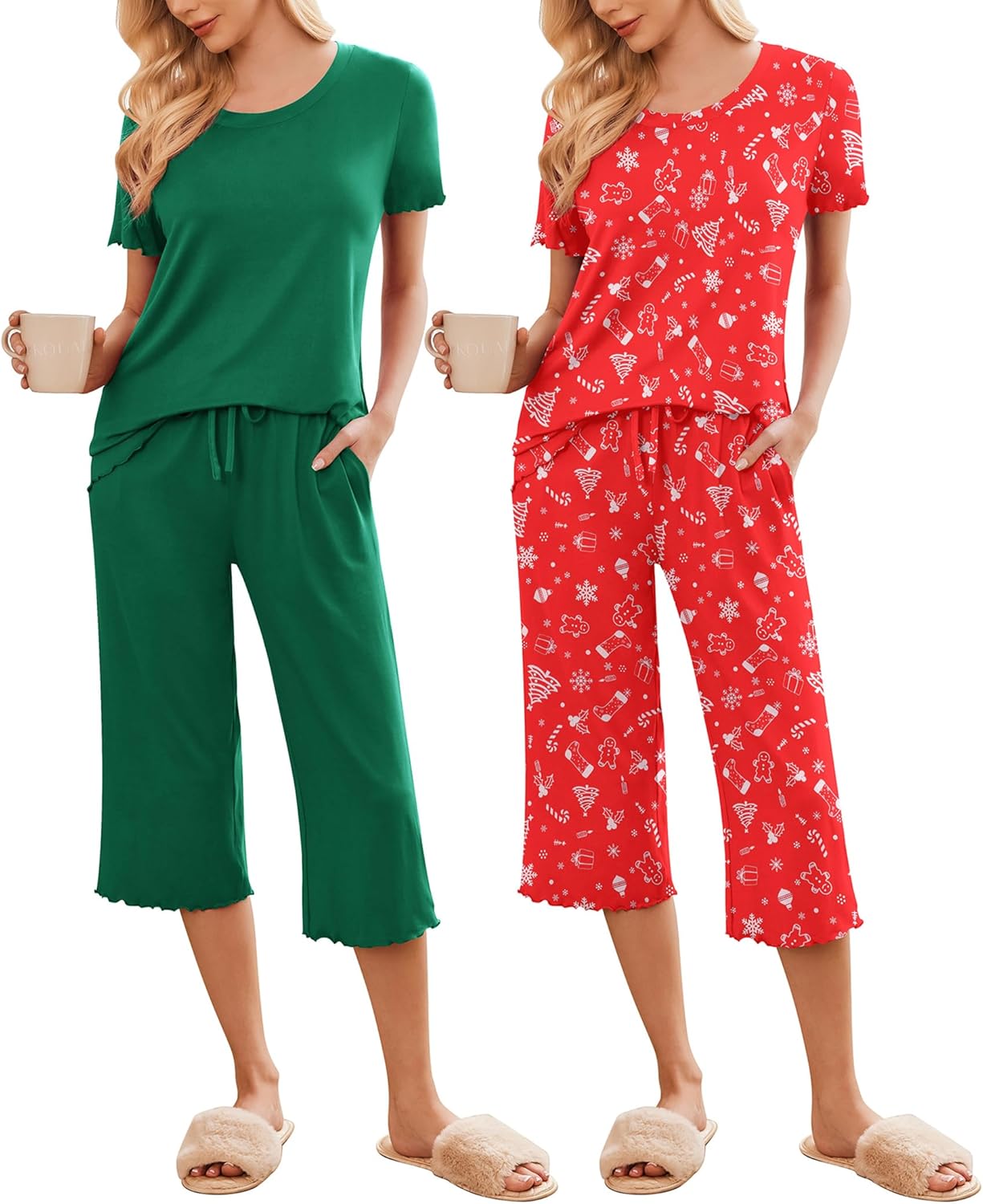 Zweier-Set Schlafanzug: Dunkelgrün & Rot mit Weihnachtsmotiven, kurzarm, Taschen, 3/4-Hose