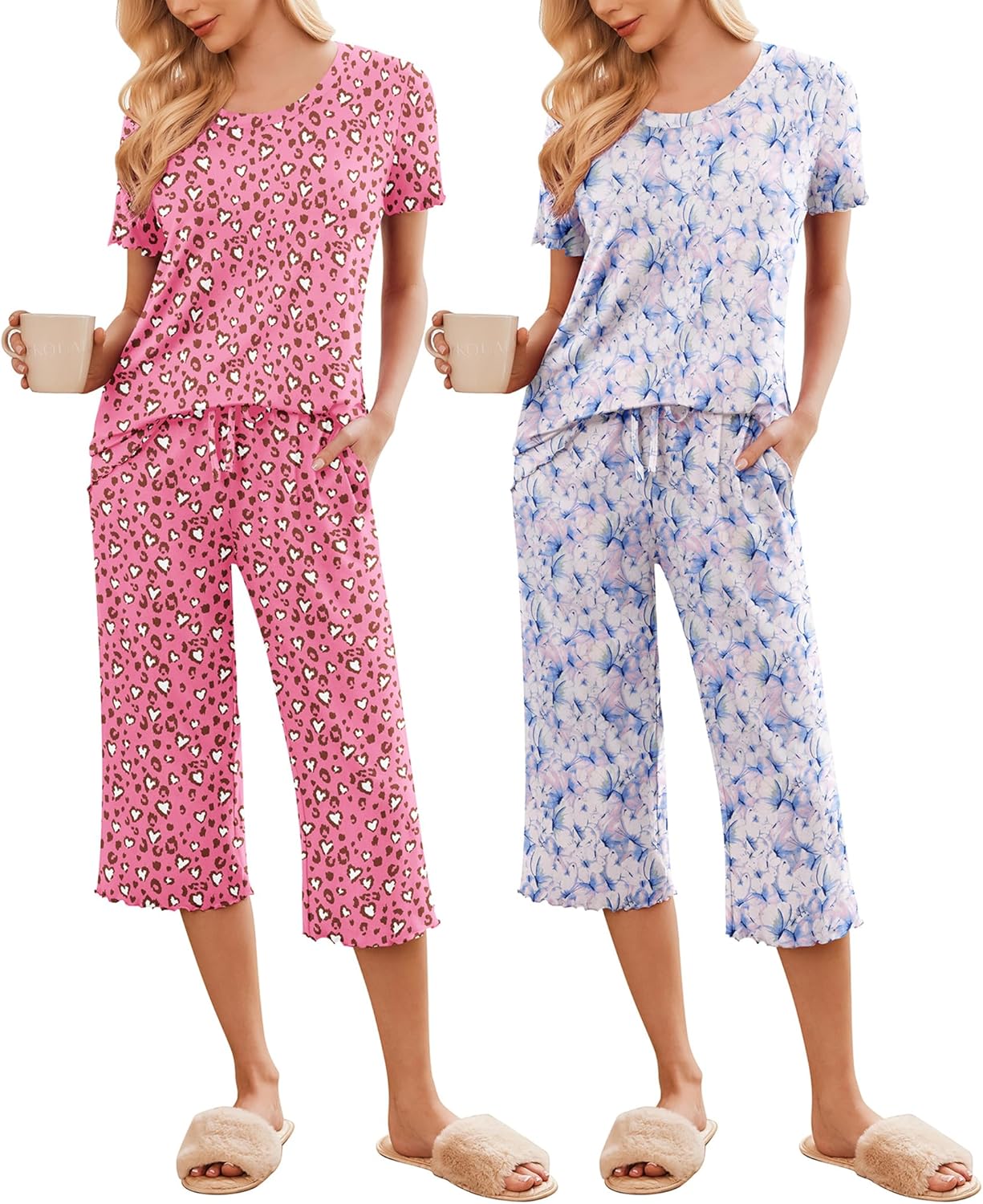 Women’s pajama set with pink floral short-sleeve top and cropped matching pants