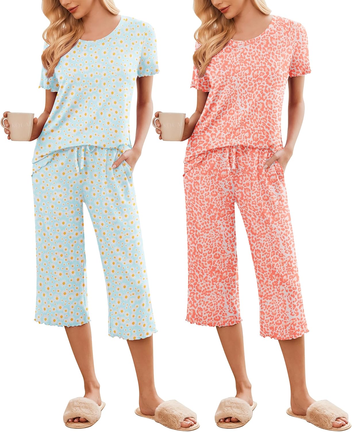 2-pack pajama sets: light blue with tiny dots and light pink with tiny dots, cropped capris