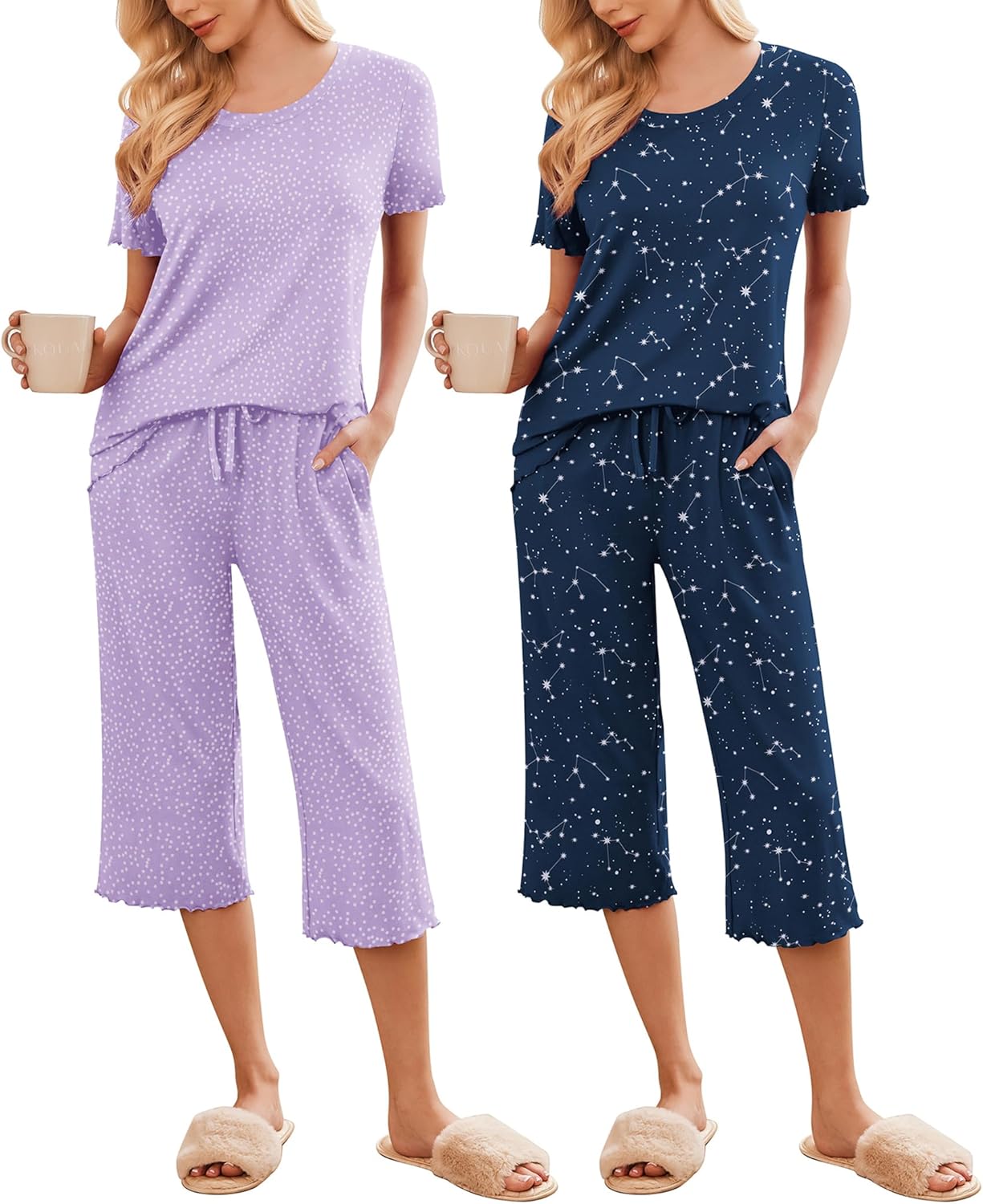 2-pack pajama sets: lavender with white speckles and navy with white speckles, cropped capris