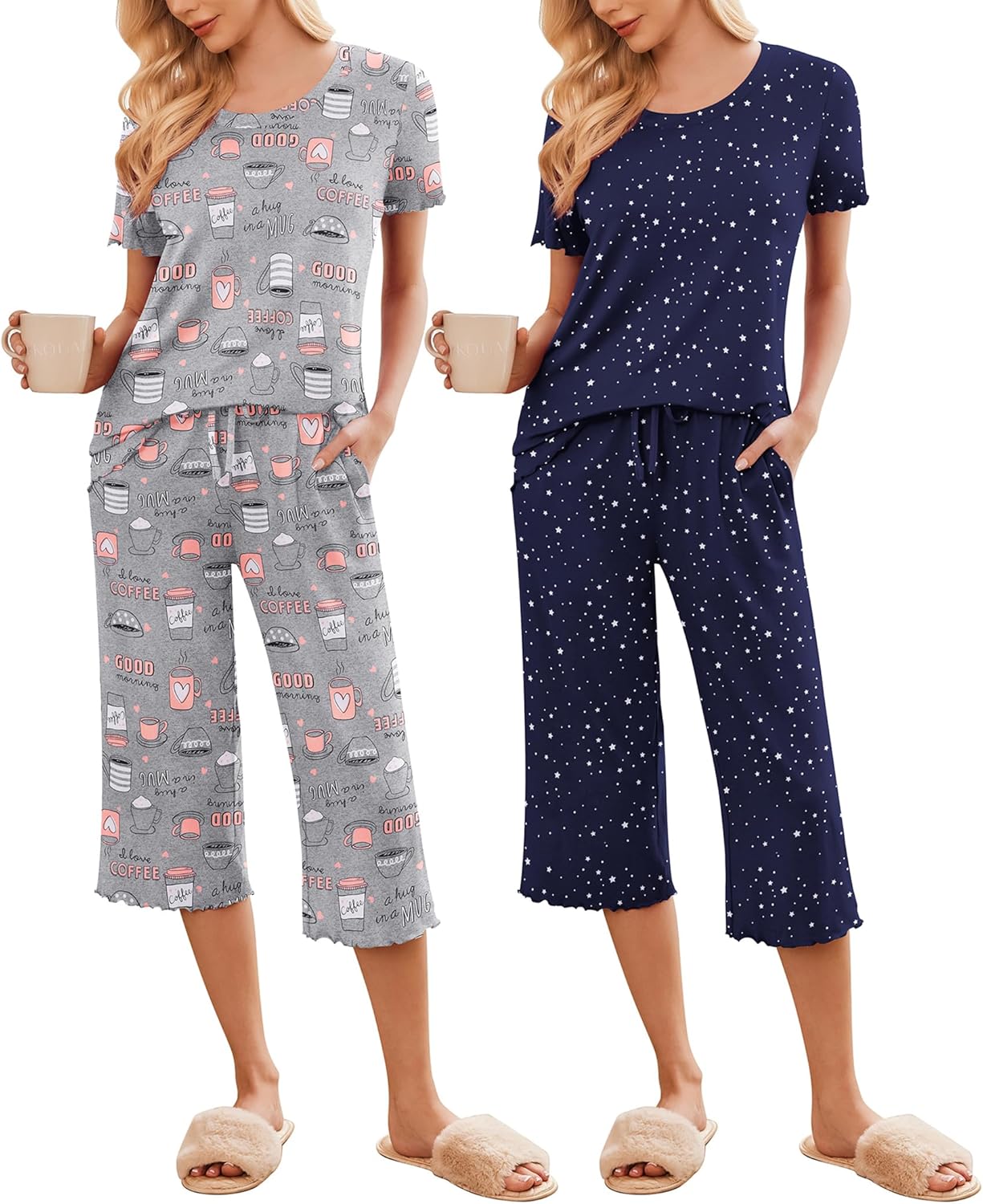 Two-piece pajama set: gray print top with cropped pants and navy star set