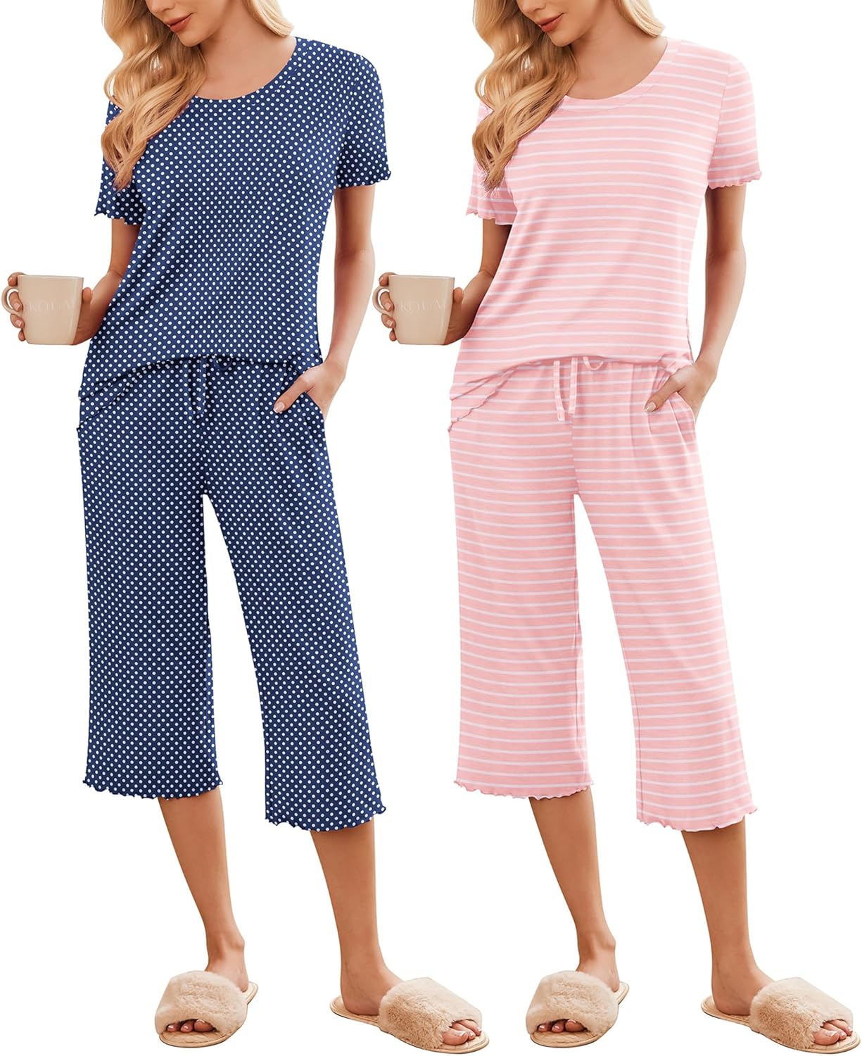 2-pack pajama sets: blue dot and pink striped short-sleeve cropped pants