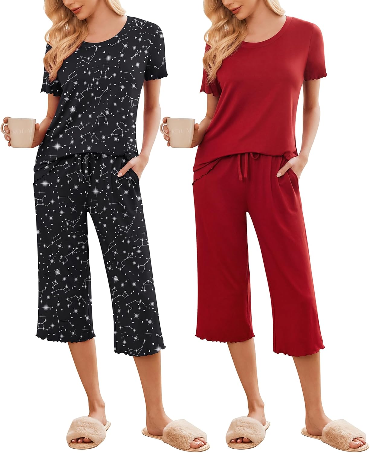 Women’s pajama set with black star print short-sleeve top and cropped matching pants