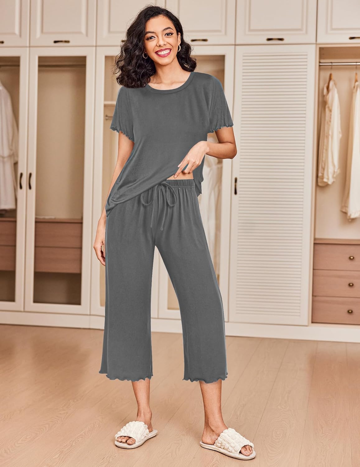 Short-sleeve lounge pajama set in dark gray with wide-leg capri pants