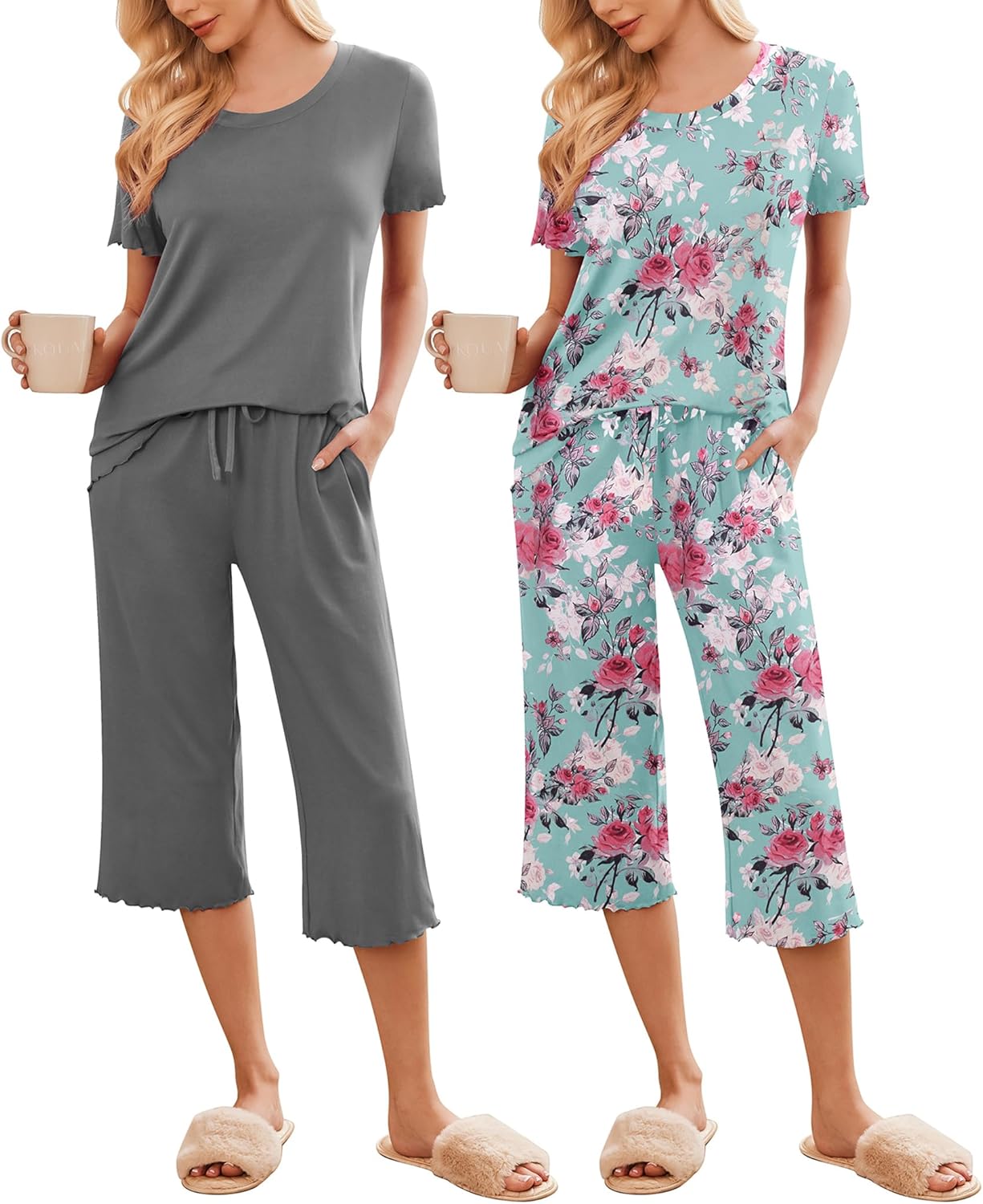 2-pack pajama sets: dark gray solid and teal floral short-sleeve cropped pants