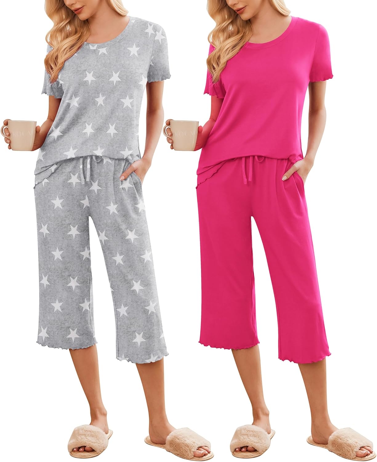 2-pack short-sleeve pajama sets with pockets, gray star print and pink solid capris