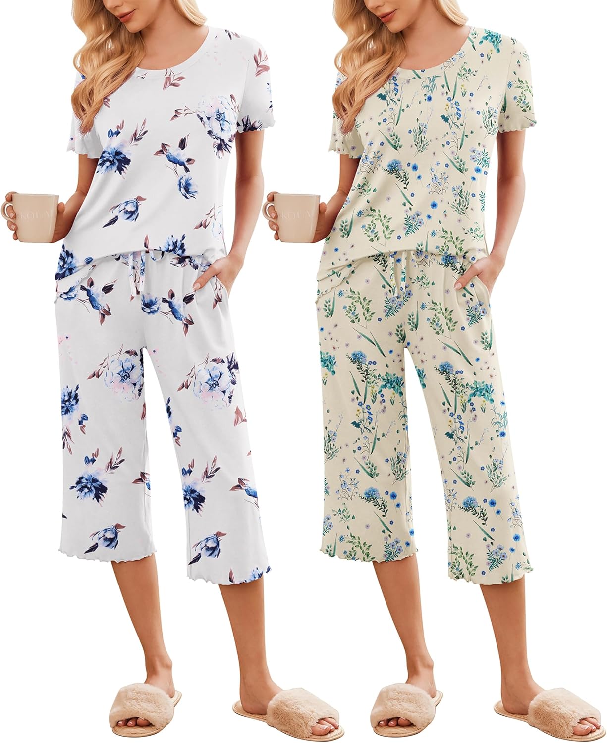 2-pack short-sleeve pajama sets with pockets, white floral and light-green floral capris