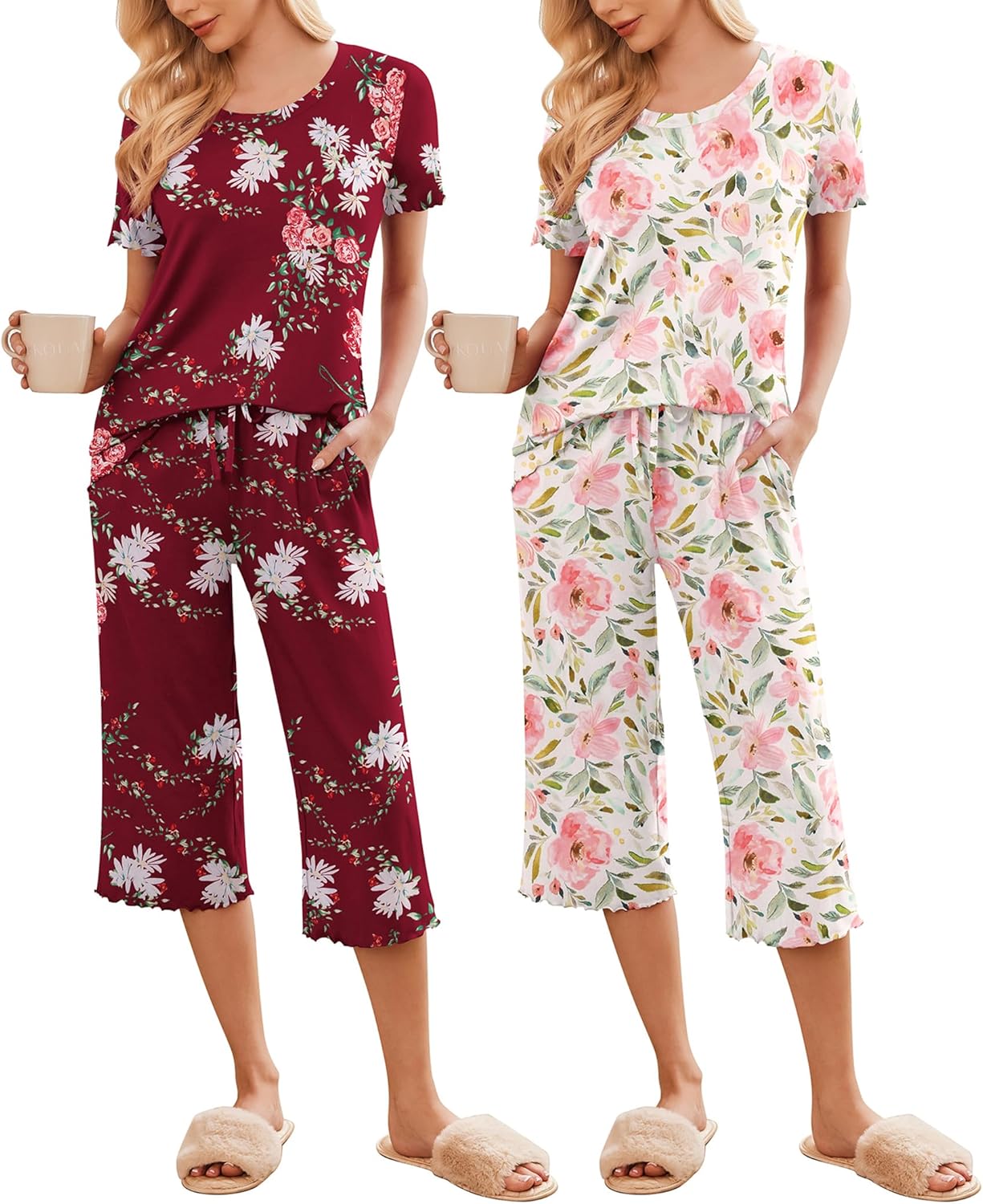 Two-piece pajama set: burgundy floral short-sleeve top with cropped pants