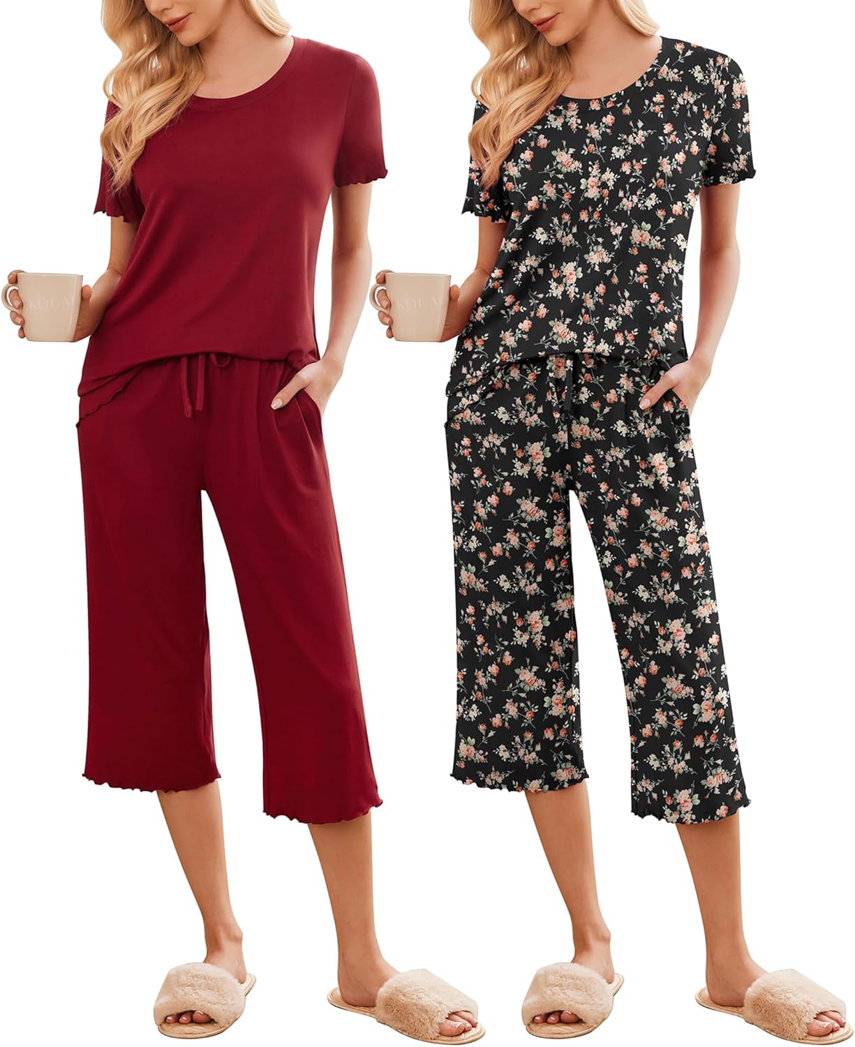 Women’s pajama sets: burgundy solid top and black floral print top with cropped matching pants