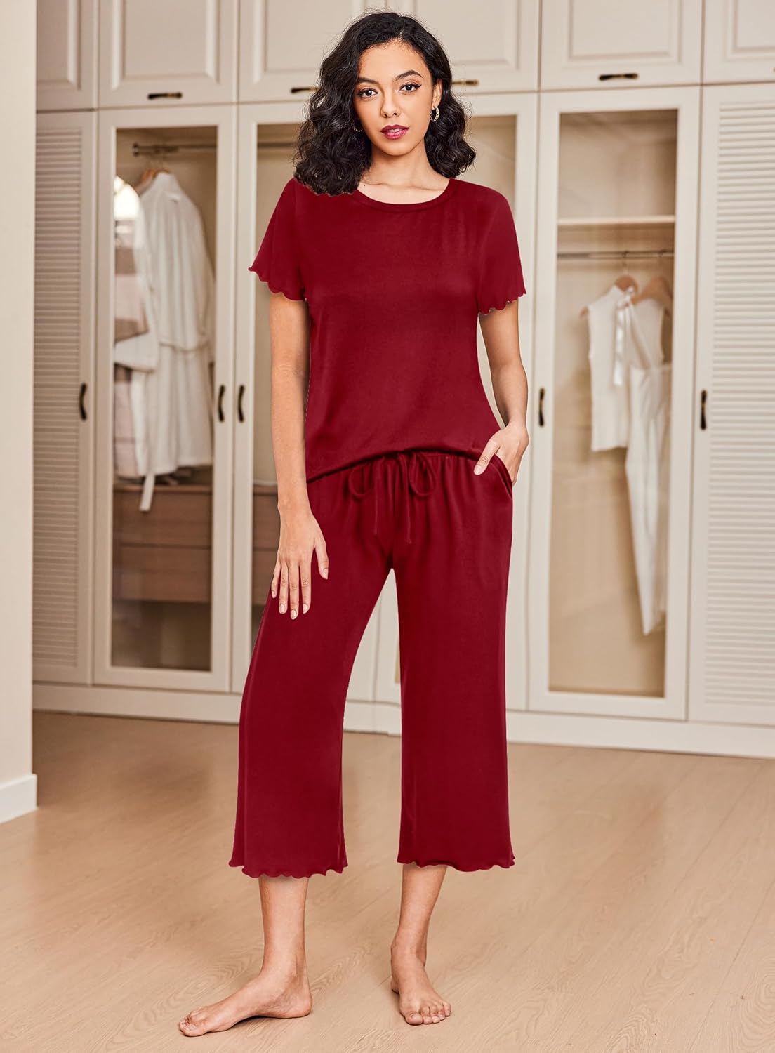 Women’s short-sleeve pajama set, deep red solid top and cropped wide-leg capri pants