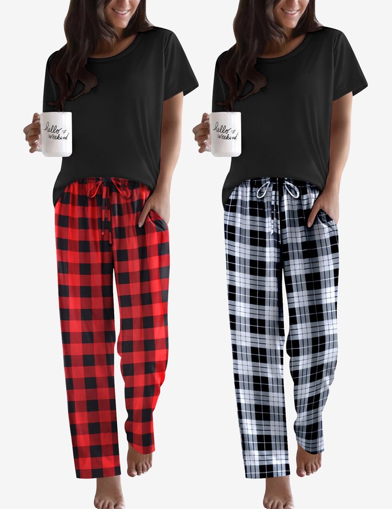 2-pack pajama set: black tee with red plaid pants and black tee with black/white plaid