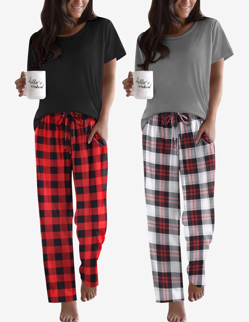 2-pack pajama set: black tee with red plaid pants and black tee with gray plaid pants