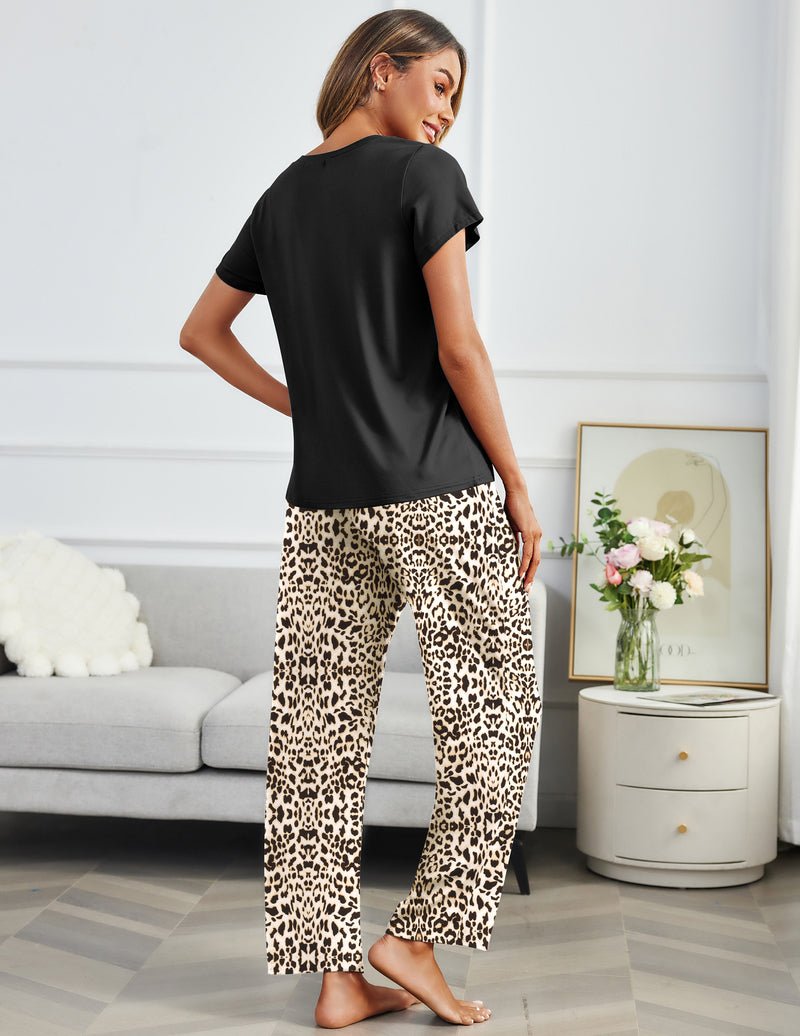 2-pack pajama set: black backless T-shirt with leopard print lounge pants, drawstring