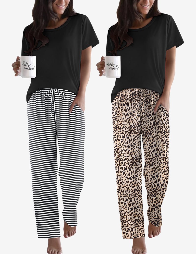 2-pack pajama set: black T-shirt with striped and leopard print lounge pants, drawstring