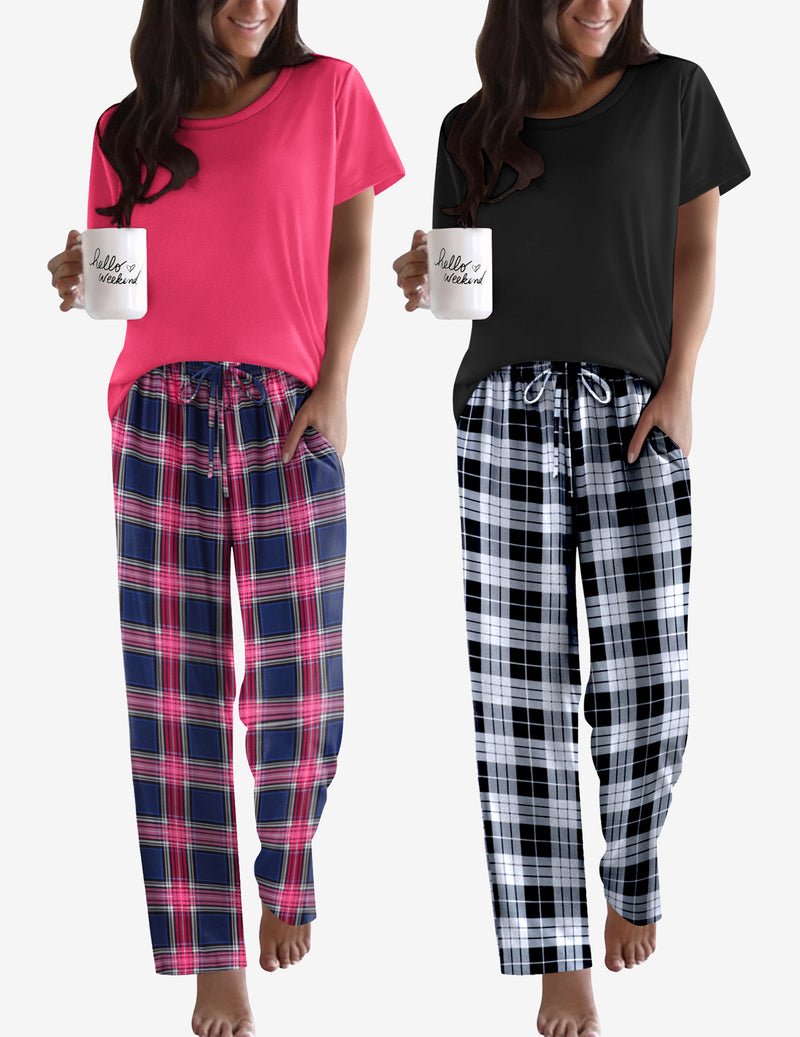 2-pack pajama set: pink tee with navy/red plaid pants and black tee with black/white plaid