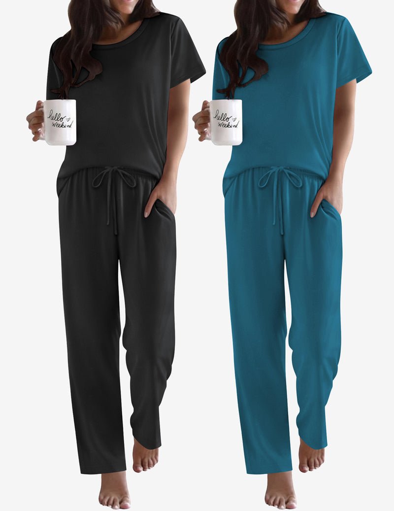 2-pack pajama set: black solid top with long pants + teal solid matching set