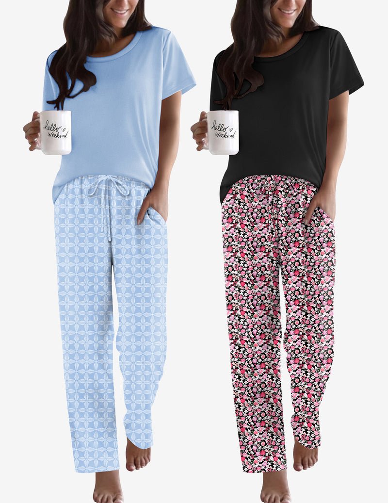 2-pack pajama set: light blue T-shirt with geometric pattern lounge pants, drawstring
