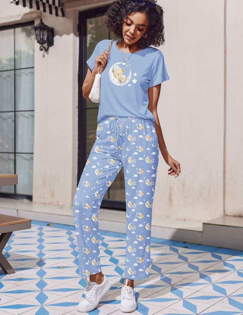 Blue printed pajama set with teddy graphic: short-sleeve top and long pants