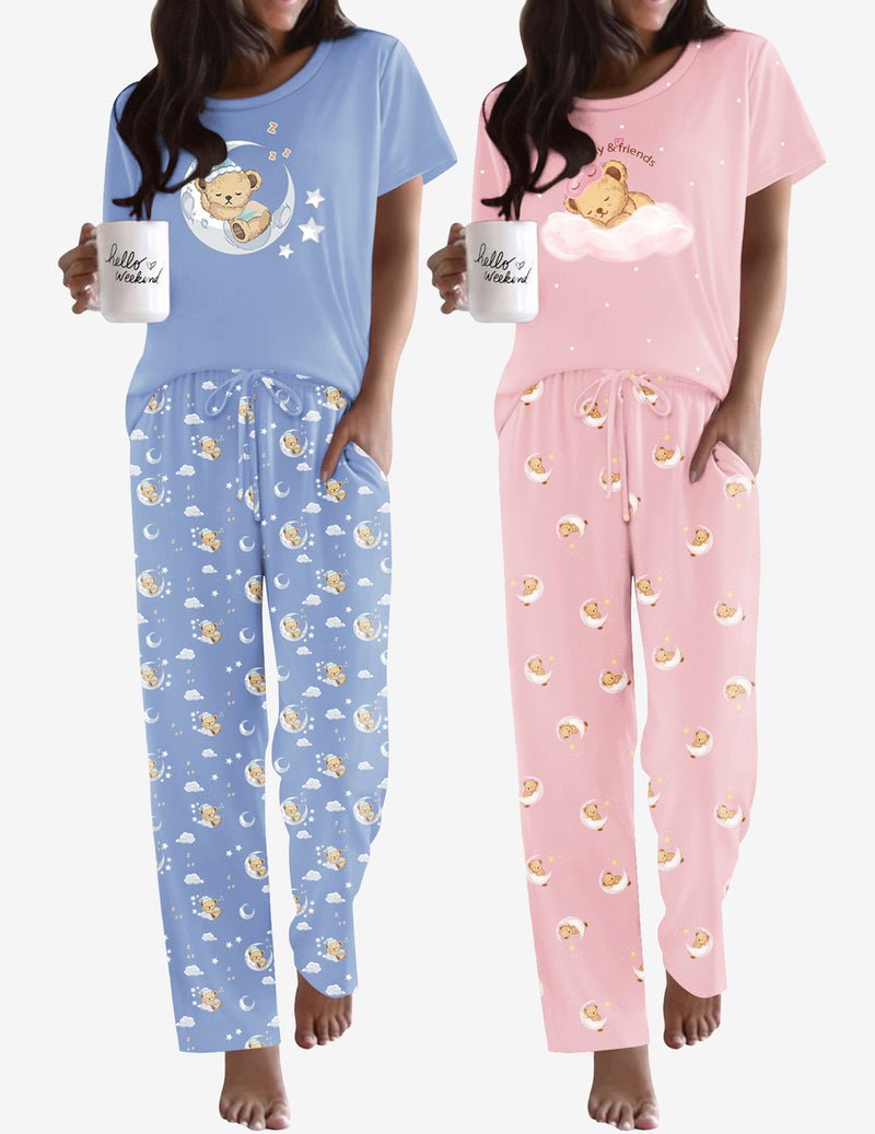2-pack pajama set, blue teddy top with matching blue patterned lounge pants