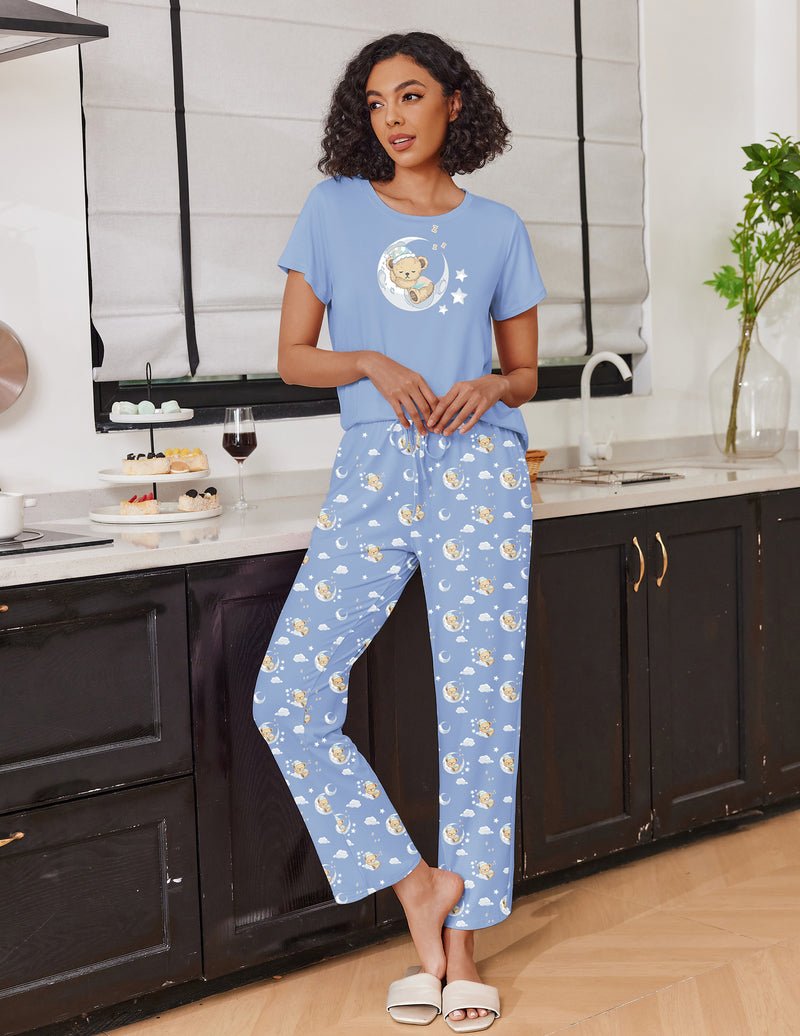 Blue printed pajama set: short-sleeve tee and long patterned lounge pants