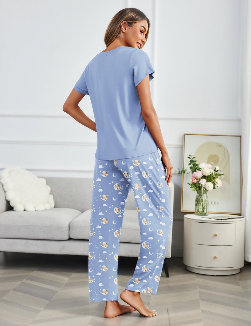 Back view blue pajama set: short-sleeve top and loose patterned long pants