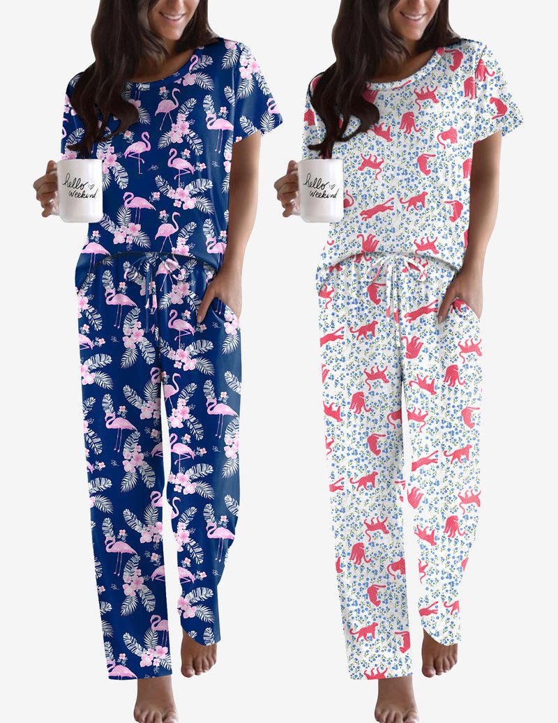 2-pack pajama set: dark blue flamingo print + light unicorn print, long pants