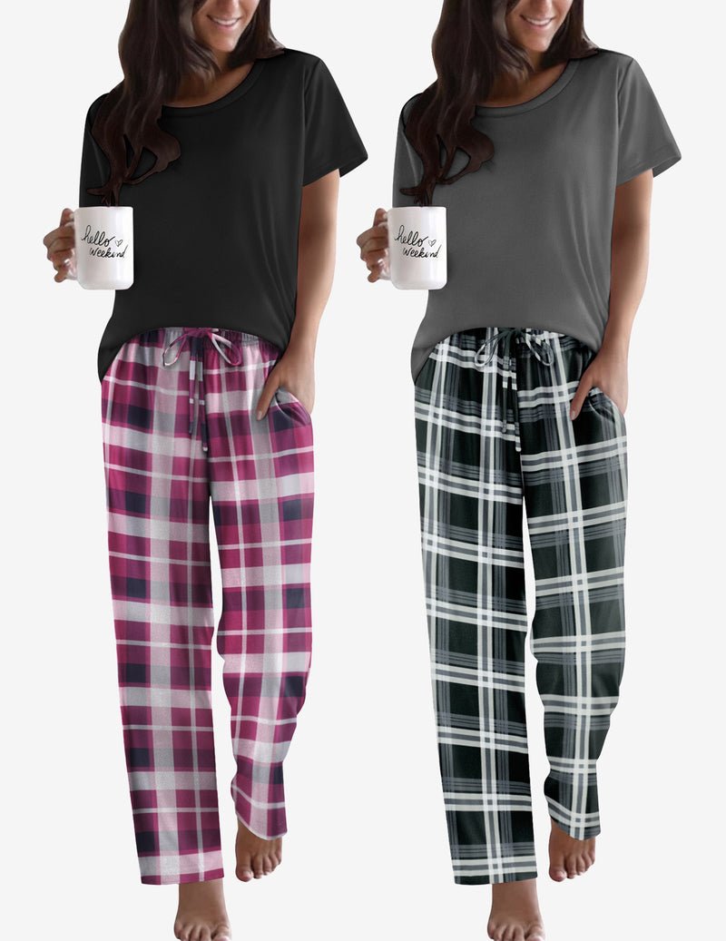 2-pack pajama set: dark T-shirt with pink plaid lounge pants and elastic drawstring
