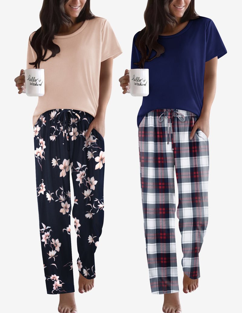 2-pack pajama set: cream or navy T-shirt with floral print lounge pants and drawstring