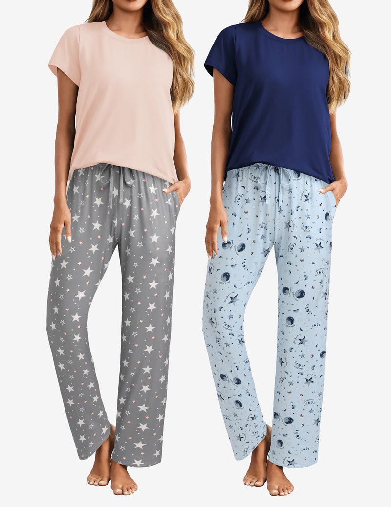 2-pack pajama set: light pink and navy T-shirts with star print lounge pants, drawstring