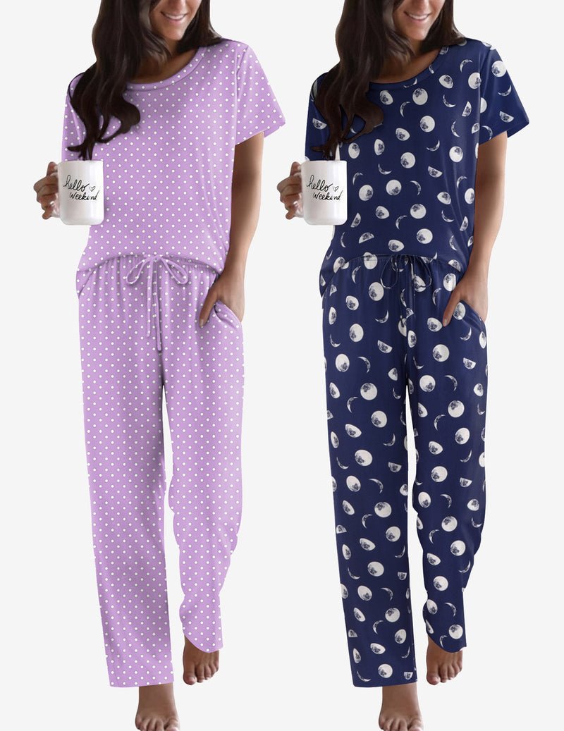2-pack pajama set: lilac and navy T-shirts with polka-dot or moon print lounge pants