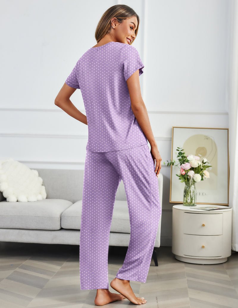 Lavender dotted pajama set from back view, short sleeves, long drawstring pants