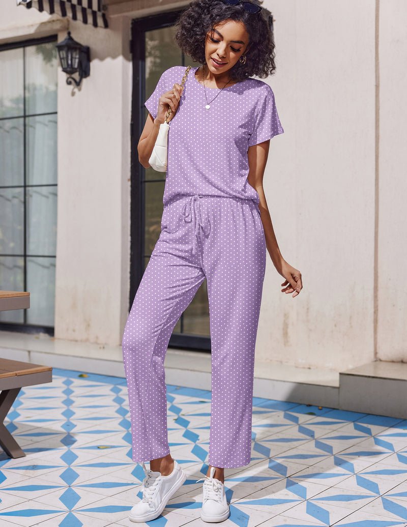 Lavender dotted 2-piece pajama set, short-sleeve top and long drawstring pants